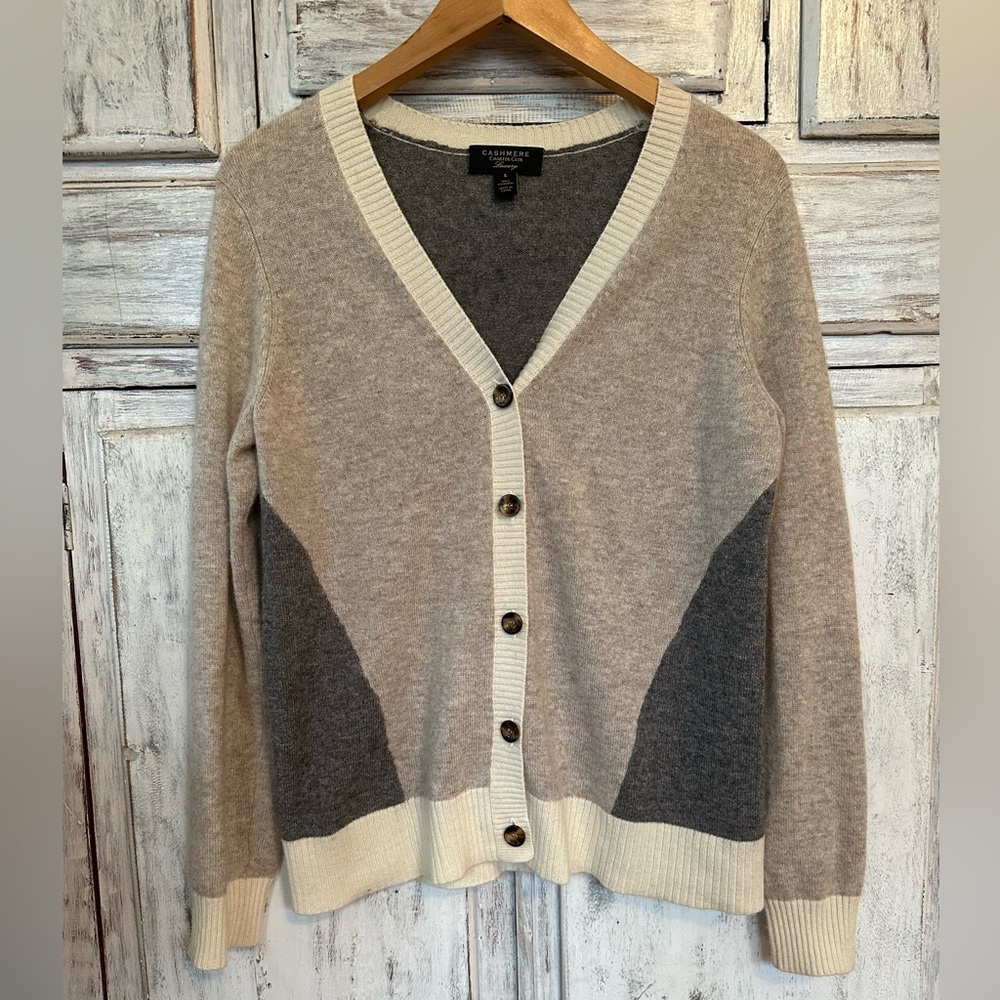 Cashmere Cardigan Button up with Neutral Color Blocks, EUC, Small